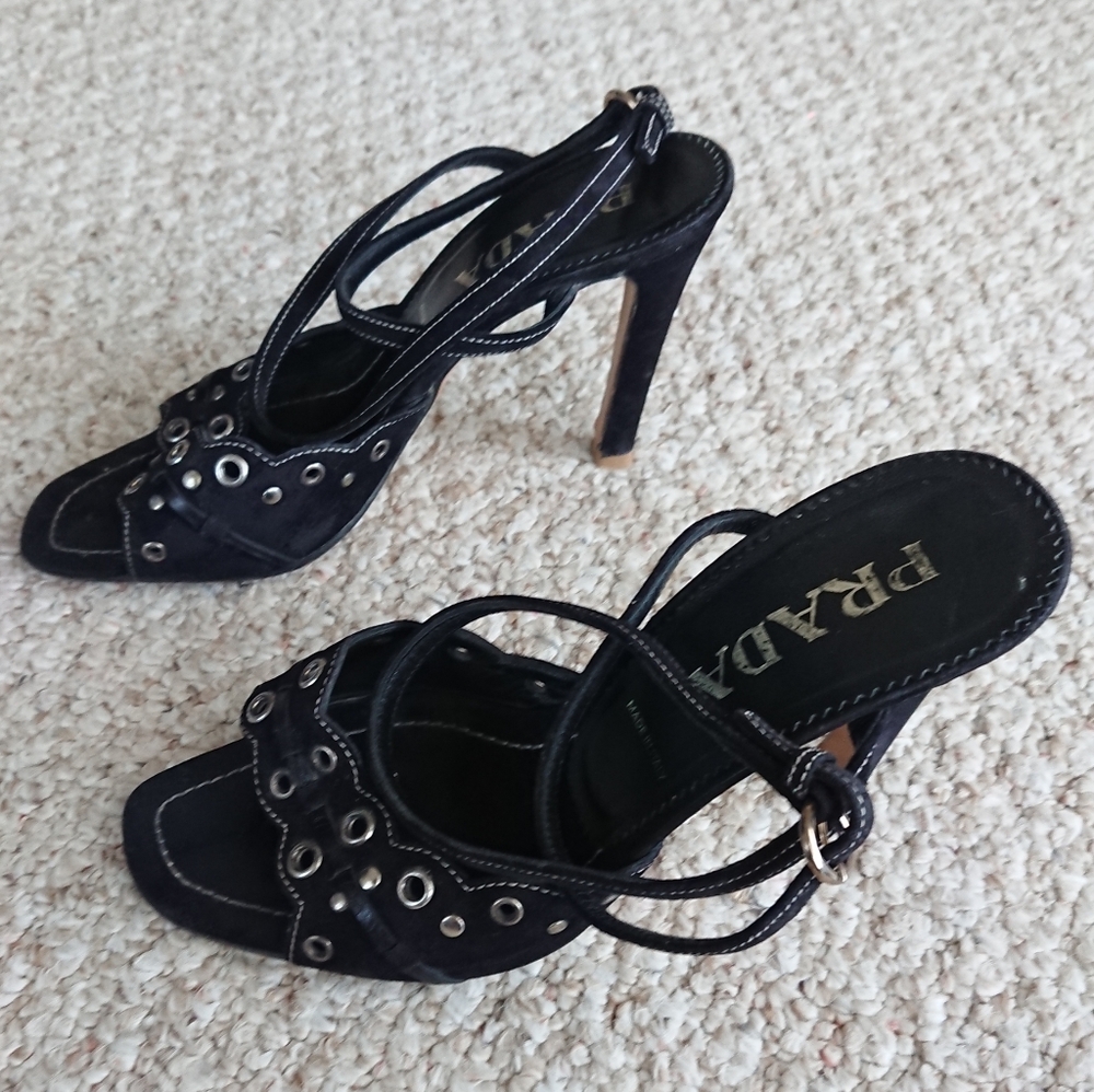 Prada black suede sandals with decorative metal grommets front details size 8 - Picture 2 of 13